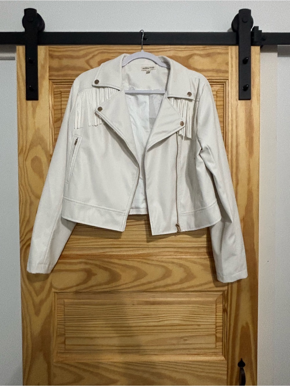 Main Strip White Fringe Faux Leather Moto Jacket